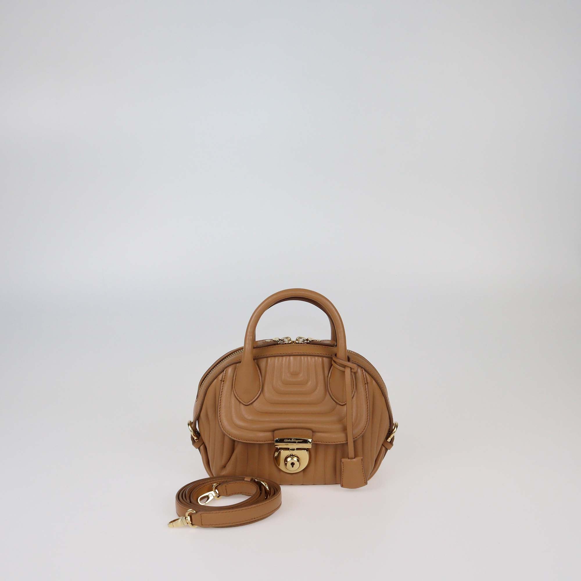 Salvatore Ferragamo Beige Quilted Leather Small Fiamma Convertible Satchel