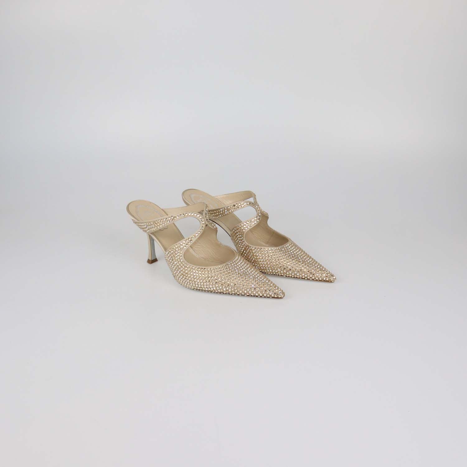 Rene Caovilla Light Gold Strass Satin Mules