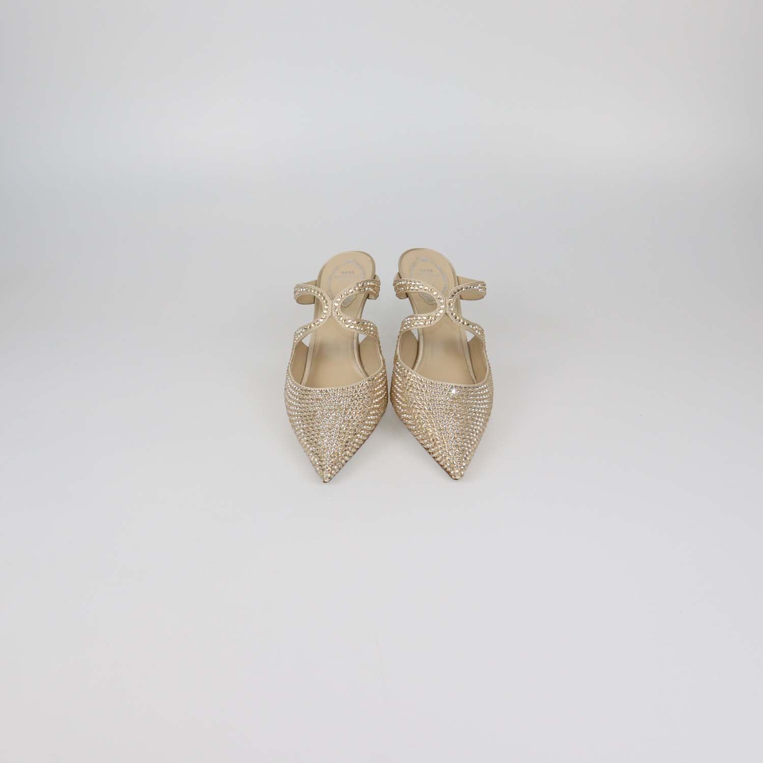 Rene Caovilla Light Gold Strass Satin Mules