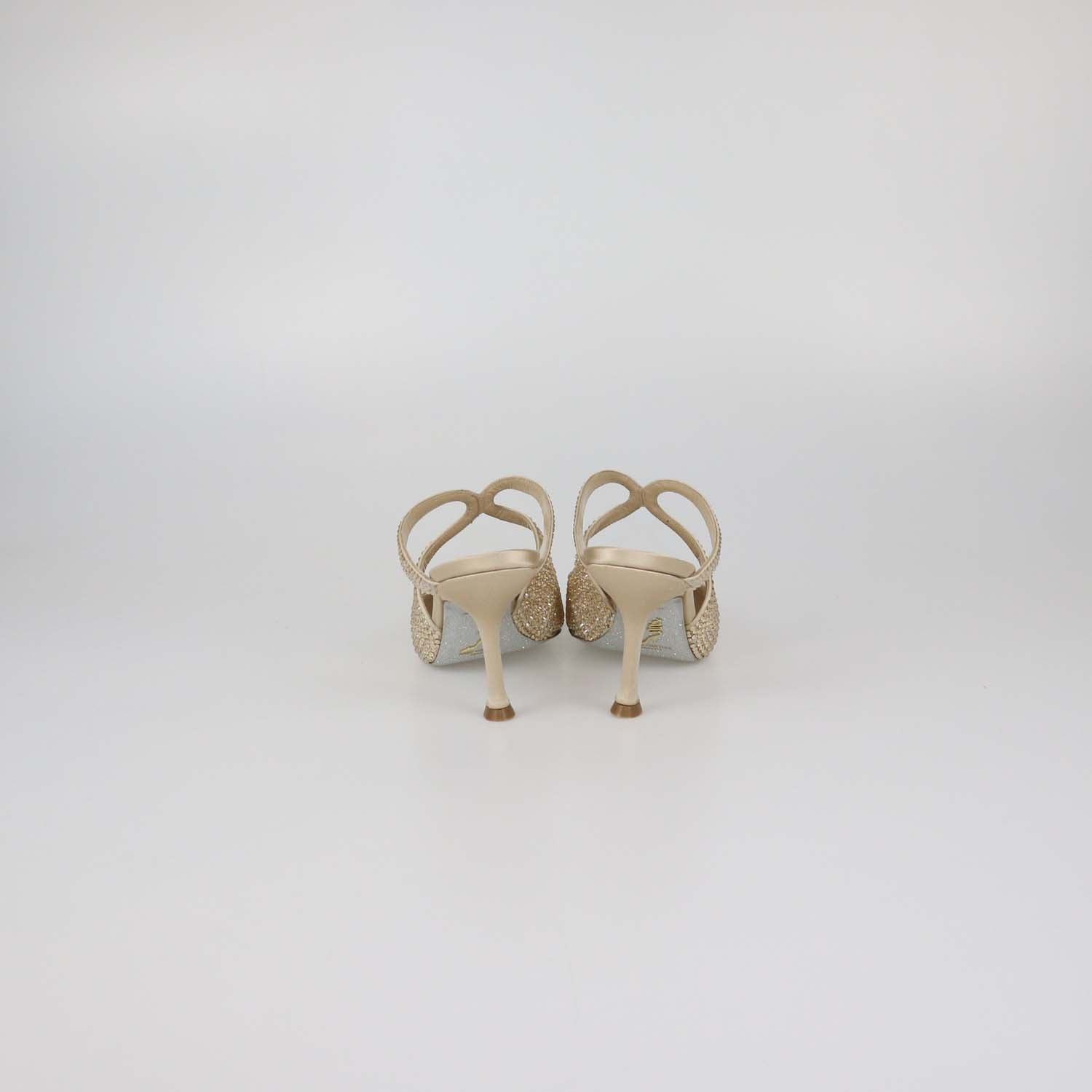 Rene Caovilla Light Gold Strass Satin Mules