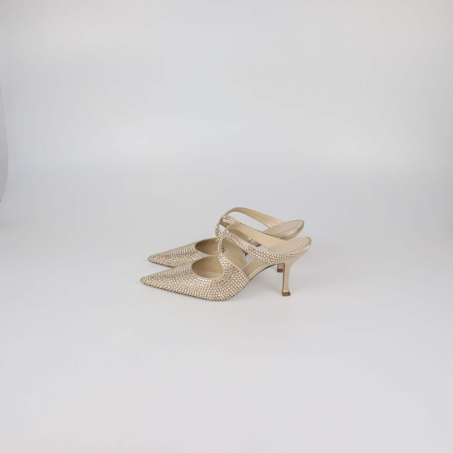 Rene Caovilla Light Gold Strass Satin Mules