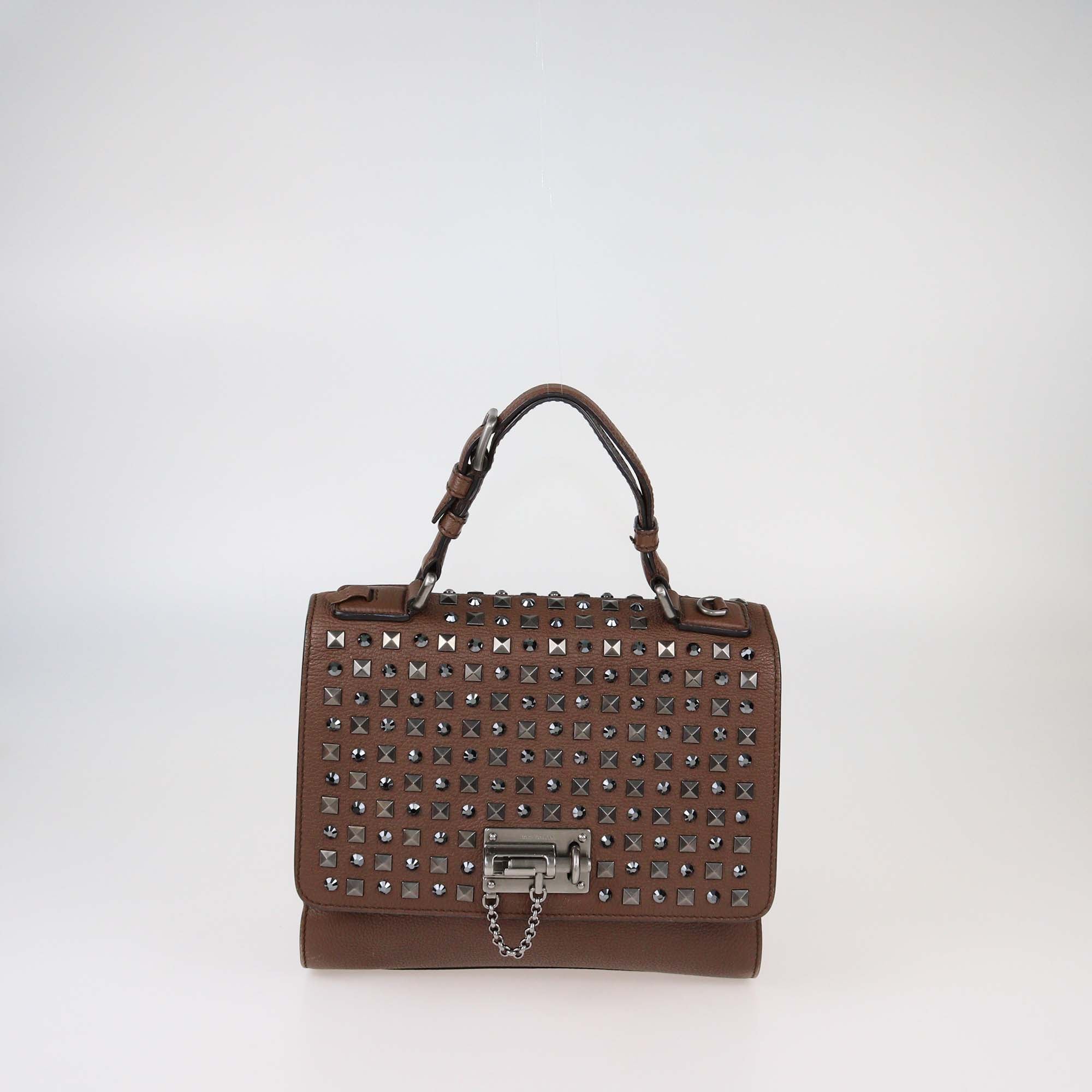 Dolce & Gabbana Brown Embellished Leather Medium Miss Monica Top Handle Bag