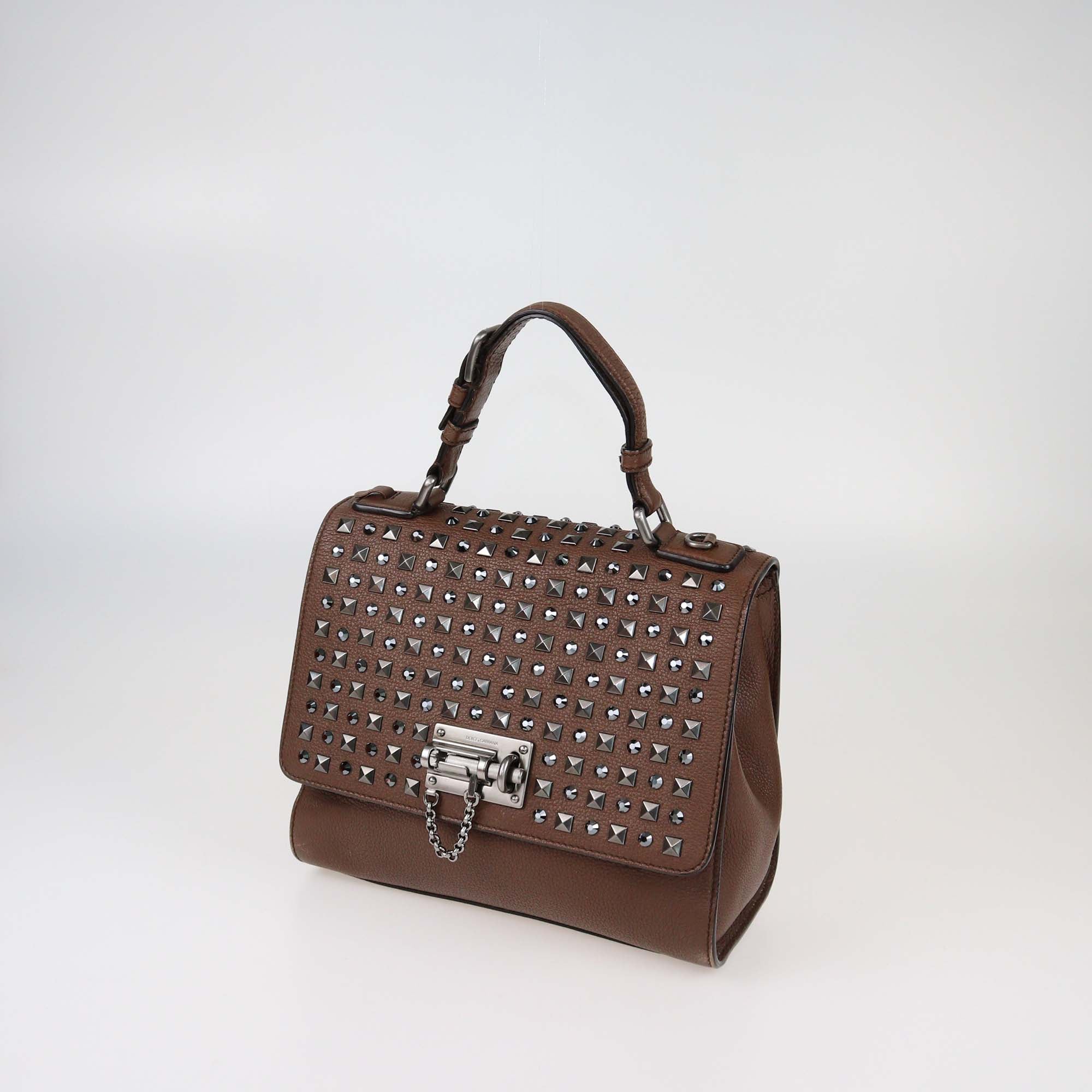 Dolce & Gabbana Brown Embellished Leather Medium Miss Monica Top Handle Bag