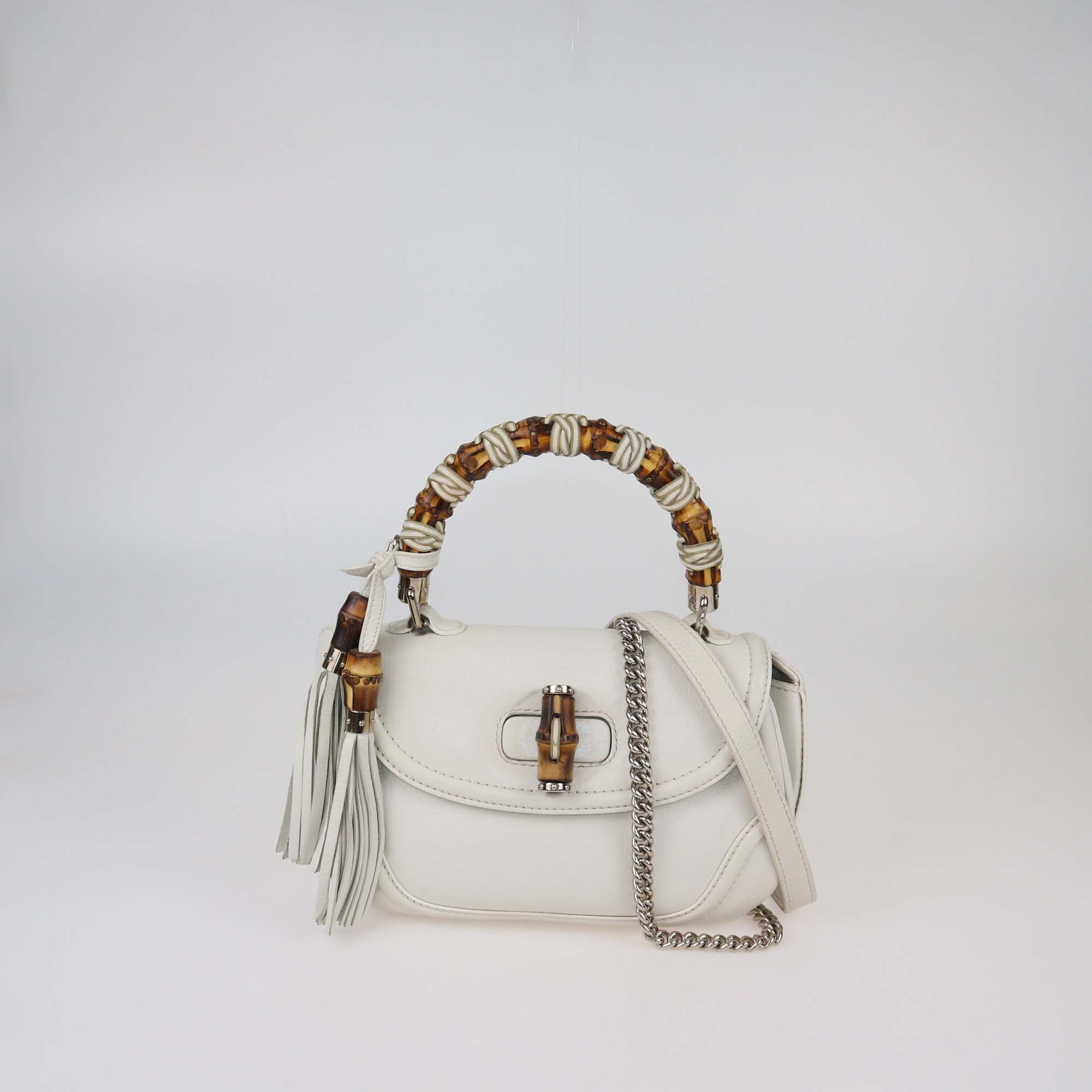 Gucci Off White Leather Medium Tassel New Bamboo Top Handle Bag
