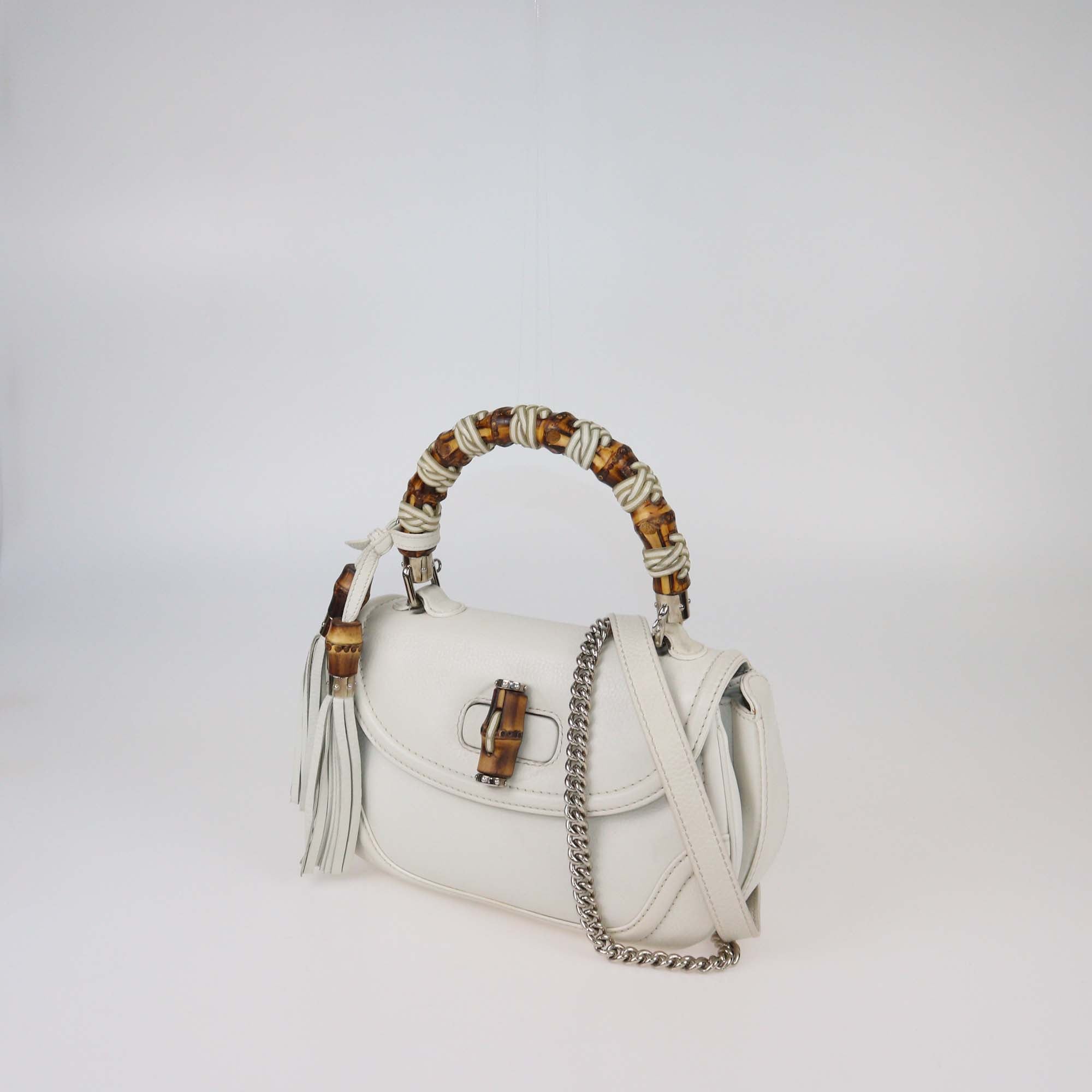 Gucci Off White Leather Medium Tassel New Bamboo Top Handle Bag