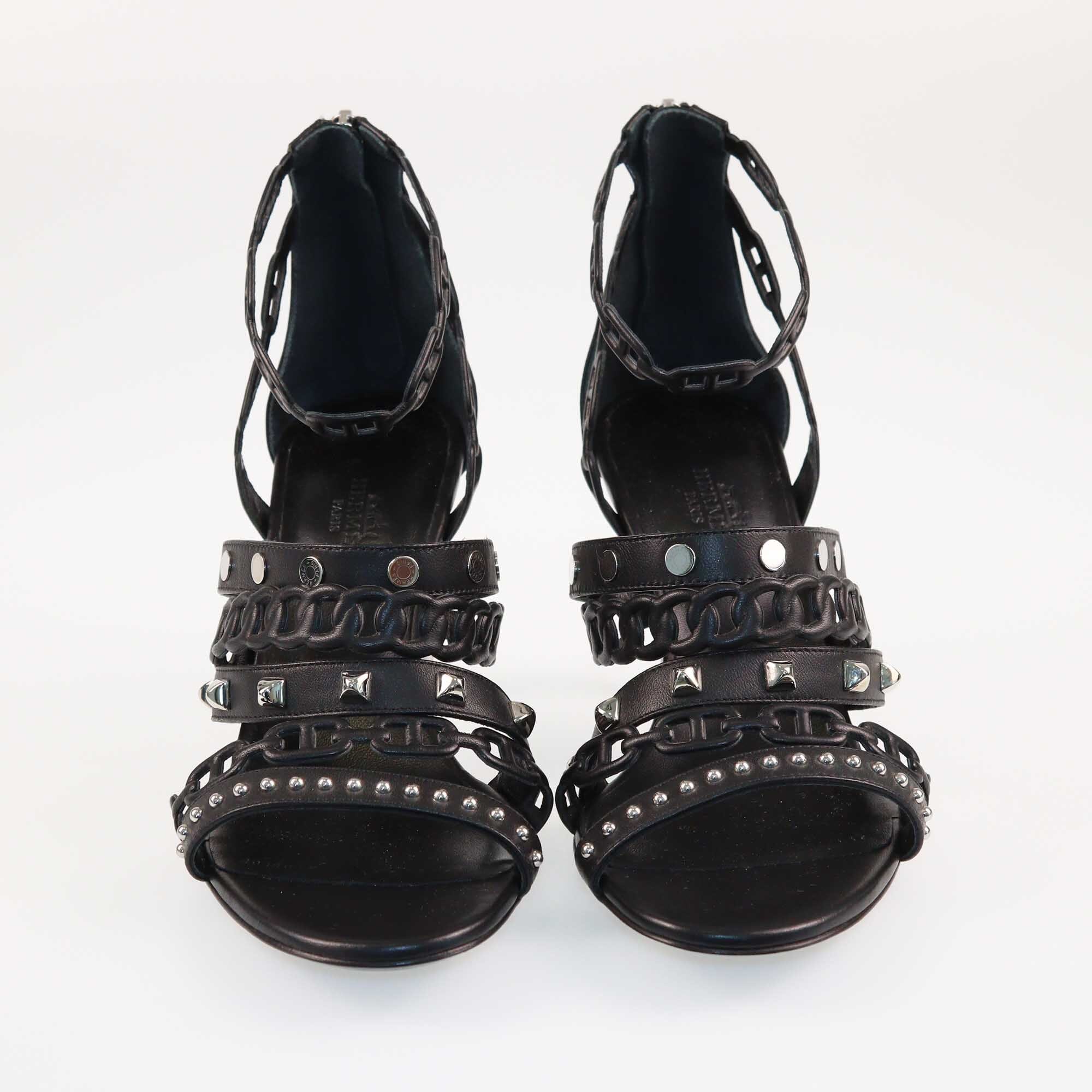 Hermes Black Chaine D'ancre Studded Heels Sandals Shoes Hermes 