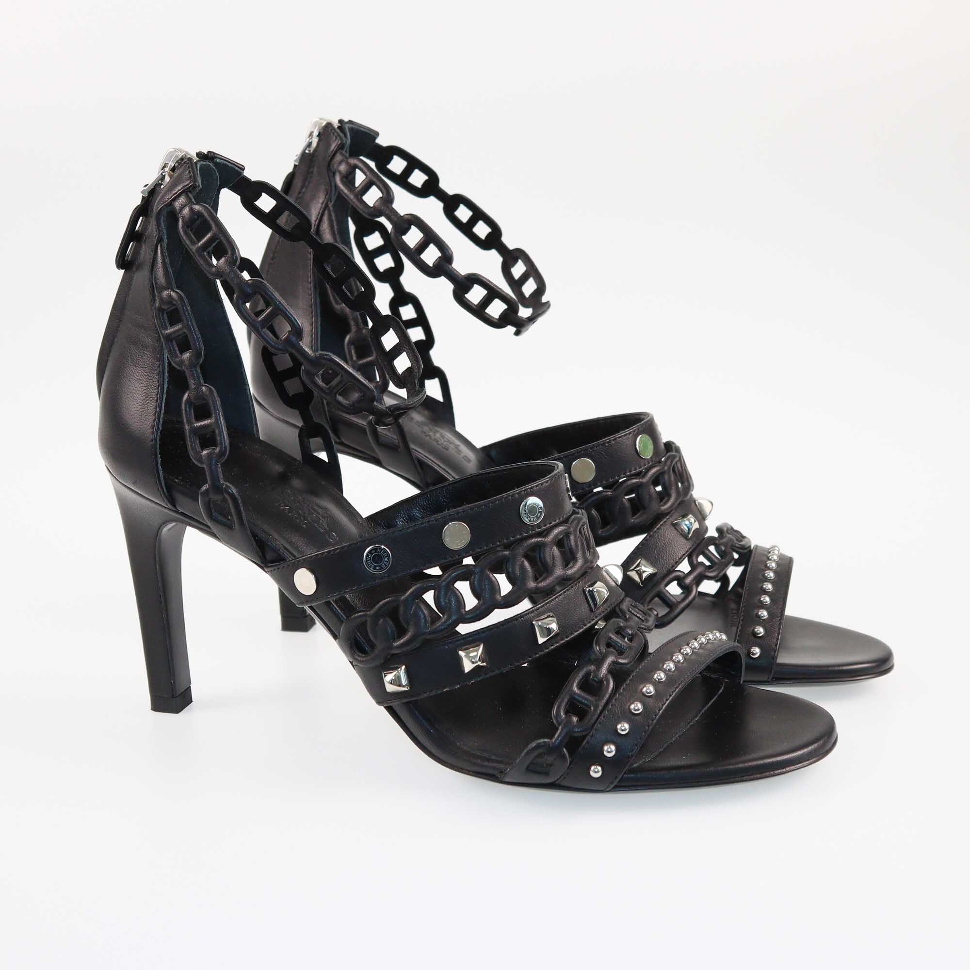 Hermes Black Chaine D'ancre Studded Heels Sandals Shoes Hermes 