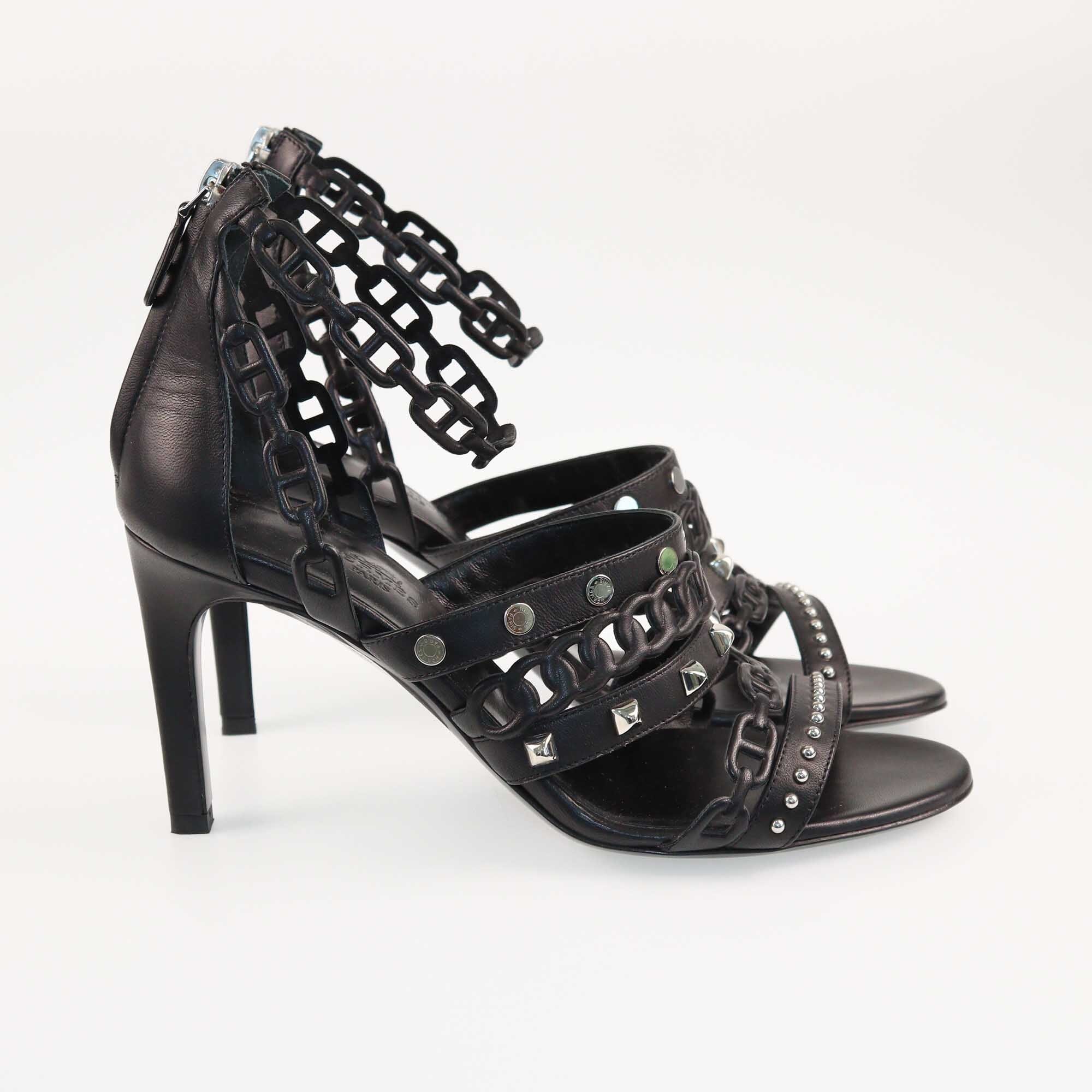 Hermes Black Chaine D'ancre Studded Heels Sandals Shoes Hermes 