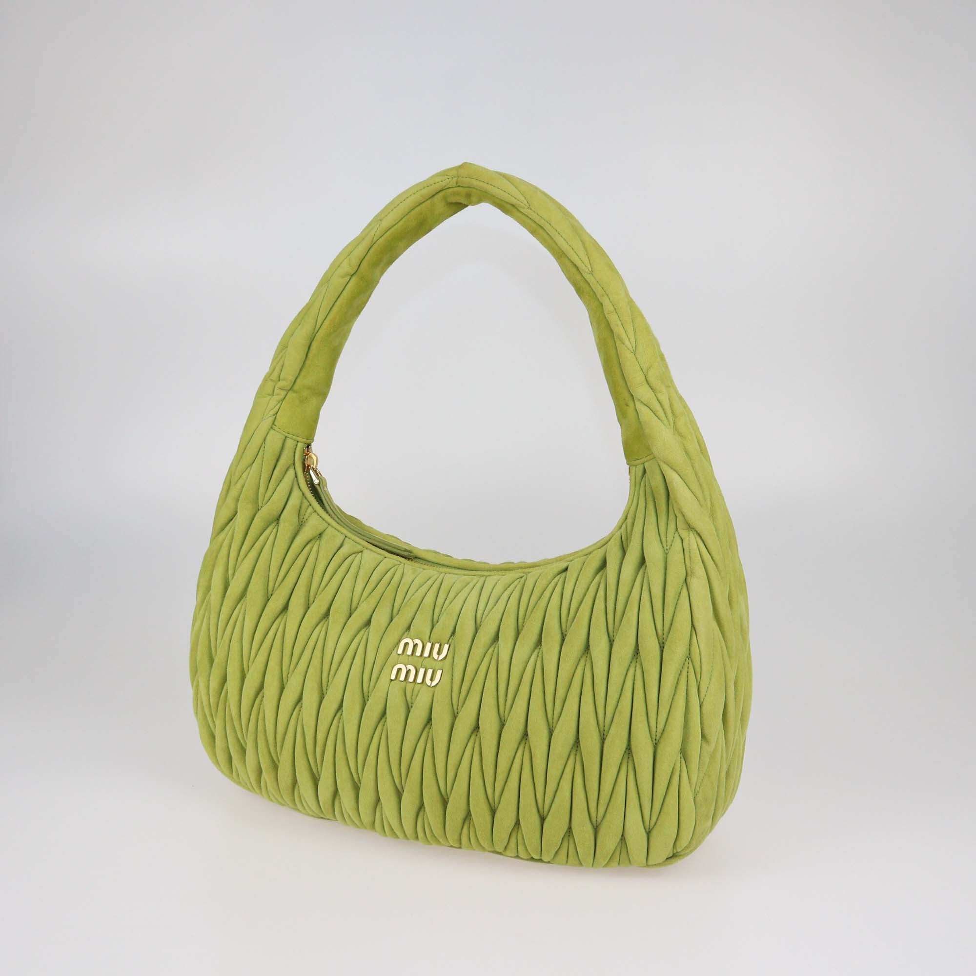 Miu Miu Apple Green Matelassé Suede Wander Large Hobo
