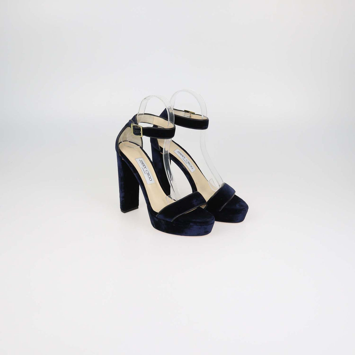 Jimmy Choo Navy Blue Velvet and Leather Ankle Strap Platform Sandals