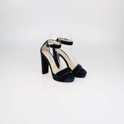 Jimmy Choo Navy Blue Velvet and Leather Ankle Strap Platform Sandals