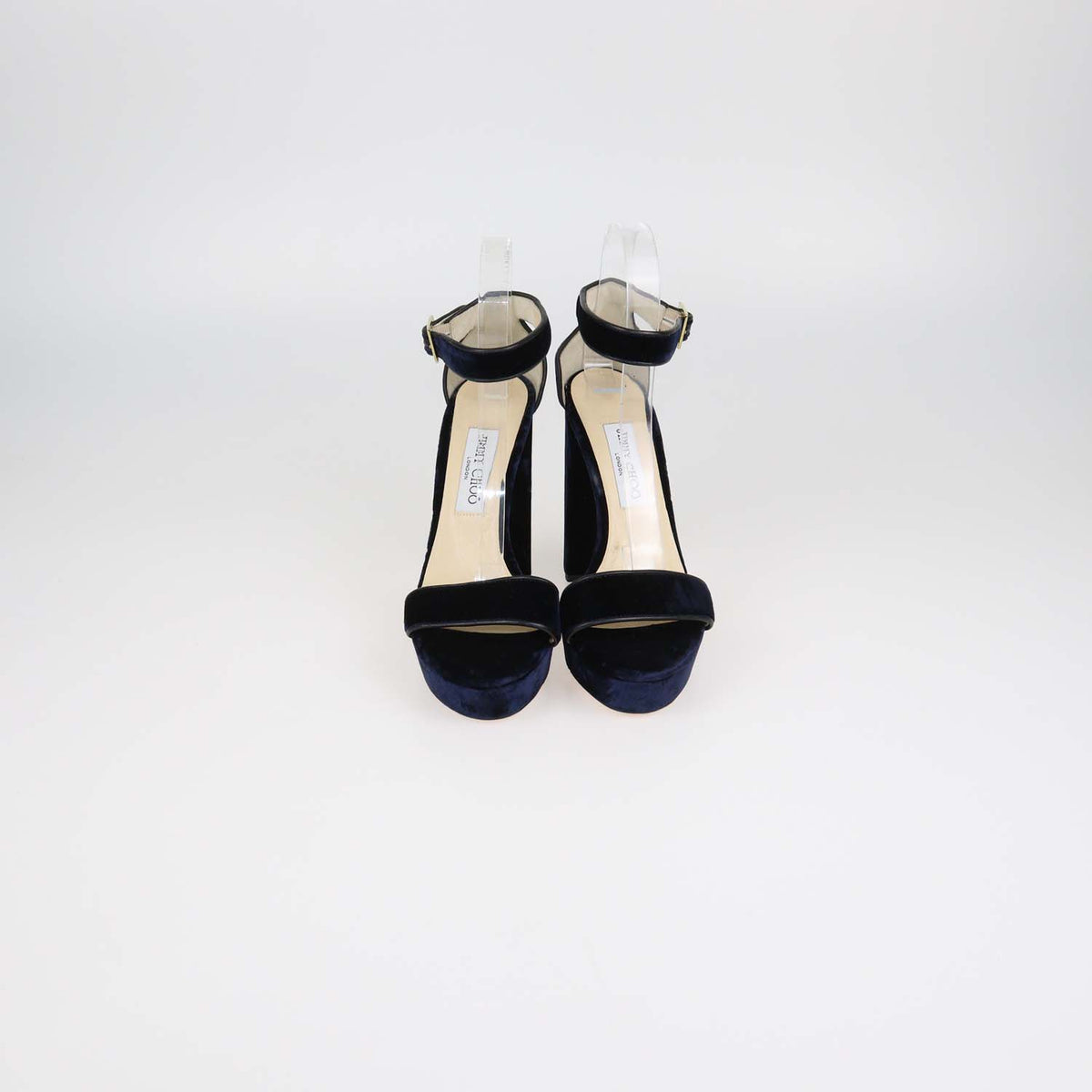 Jimmy Choo Navy Blue Velvet and Leather Ankle Strap Platform Sandals