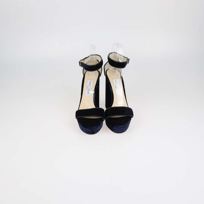 Jimmy Choo Navy Blue Velvet and Leather Ankle Strap Platform Sandals