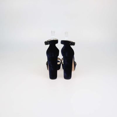 Jimmy Choo Navy Blue Velvet and Leather Ankle Strap Platform Sandals