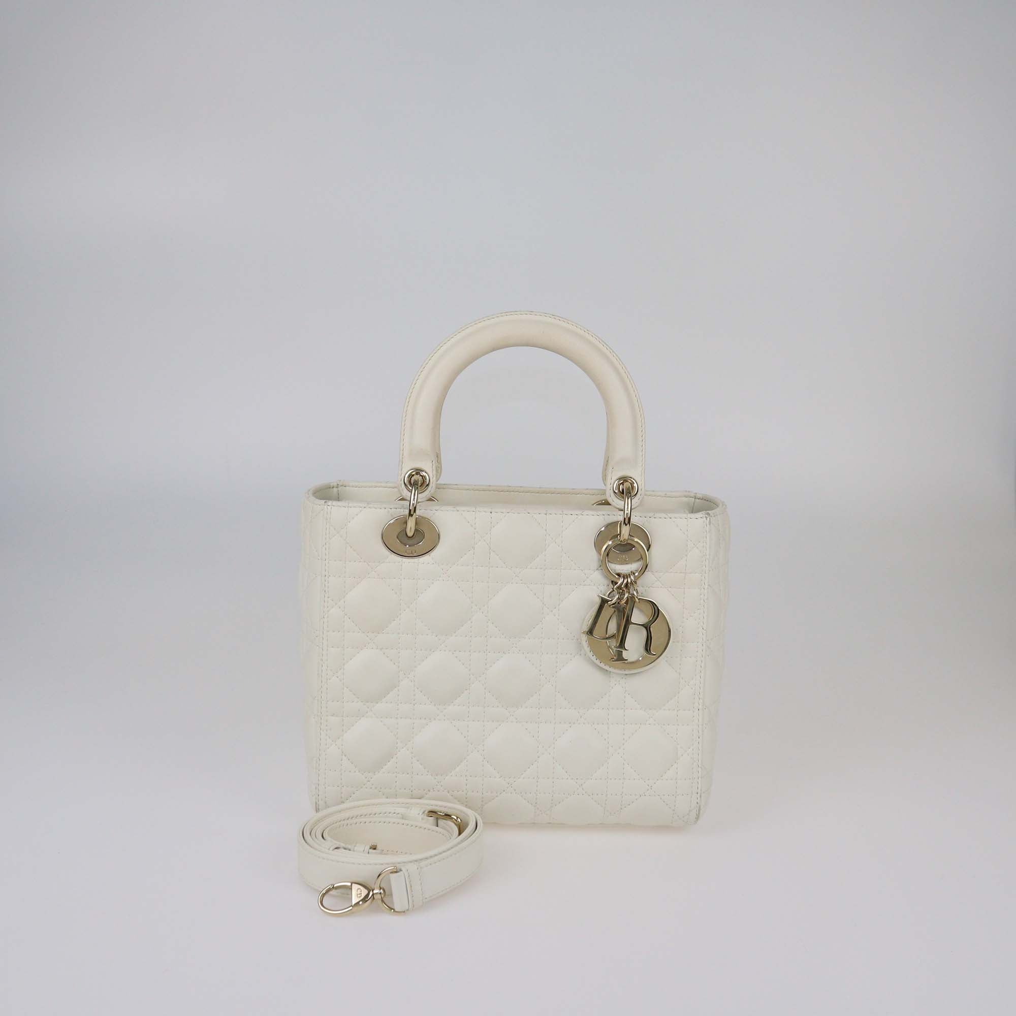 Christian Dior Off White Cannage Leather Medium Lady Dior Tote