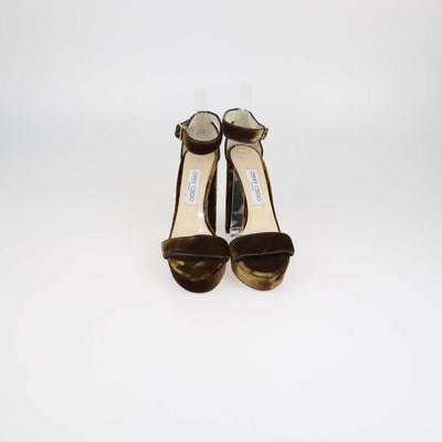 Jimmy Choo Brown Velvet and Leather Ankle Strap Platform Sandals