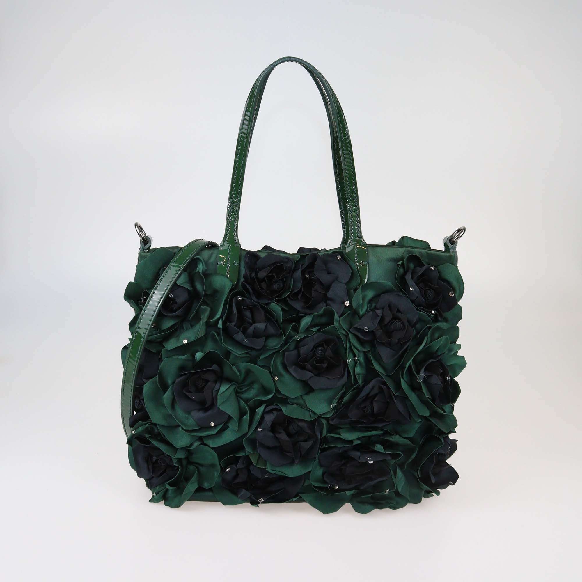 Valentino Green/Black Silk and Patent Leather Organza Rosier Tote