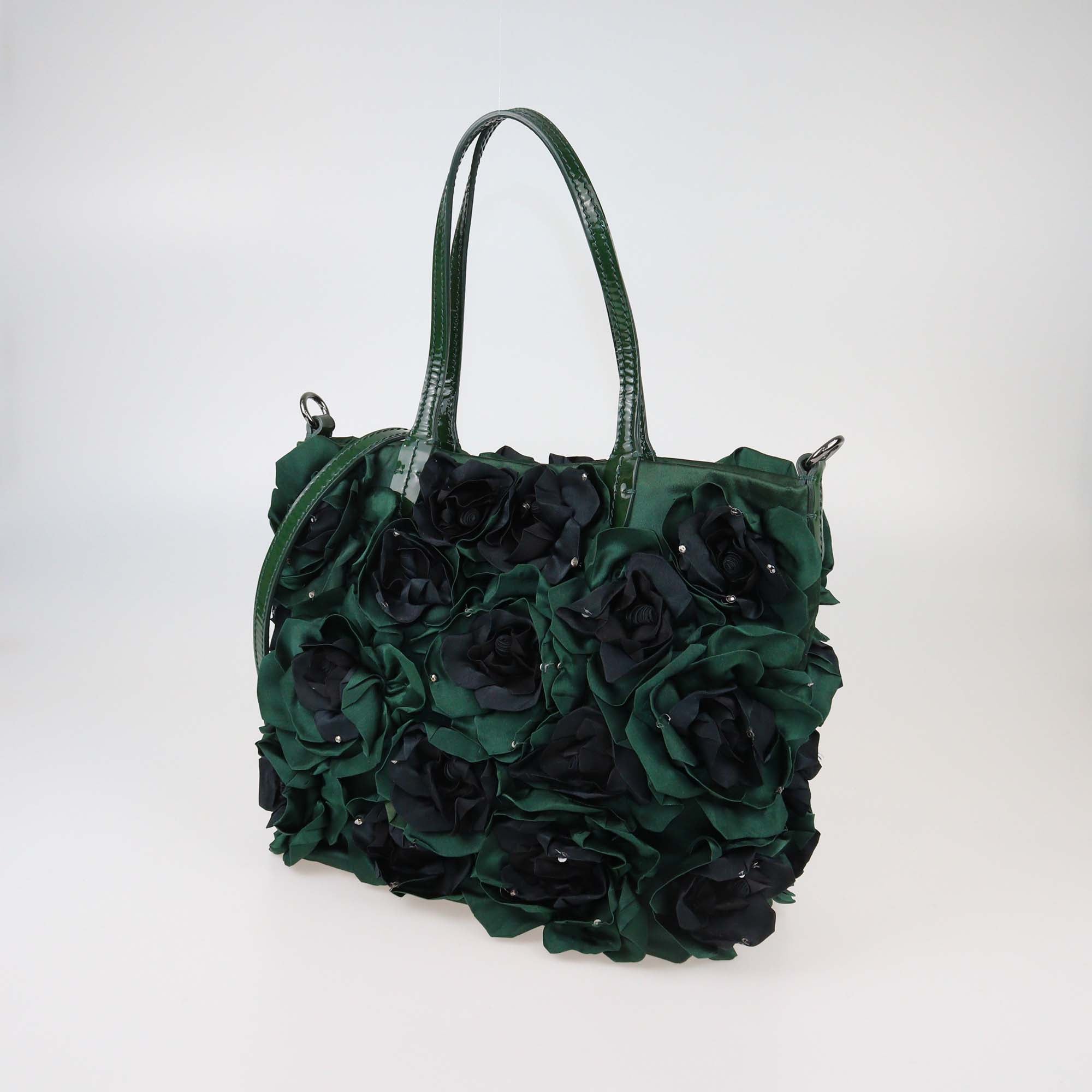 Valentino Green/Black Silk and Patent Leather Organza Rosier Tote