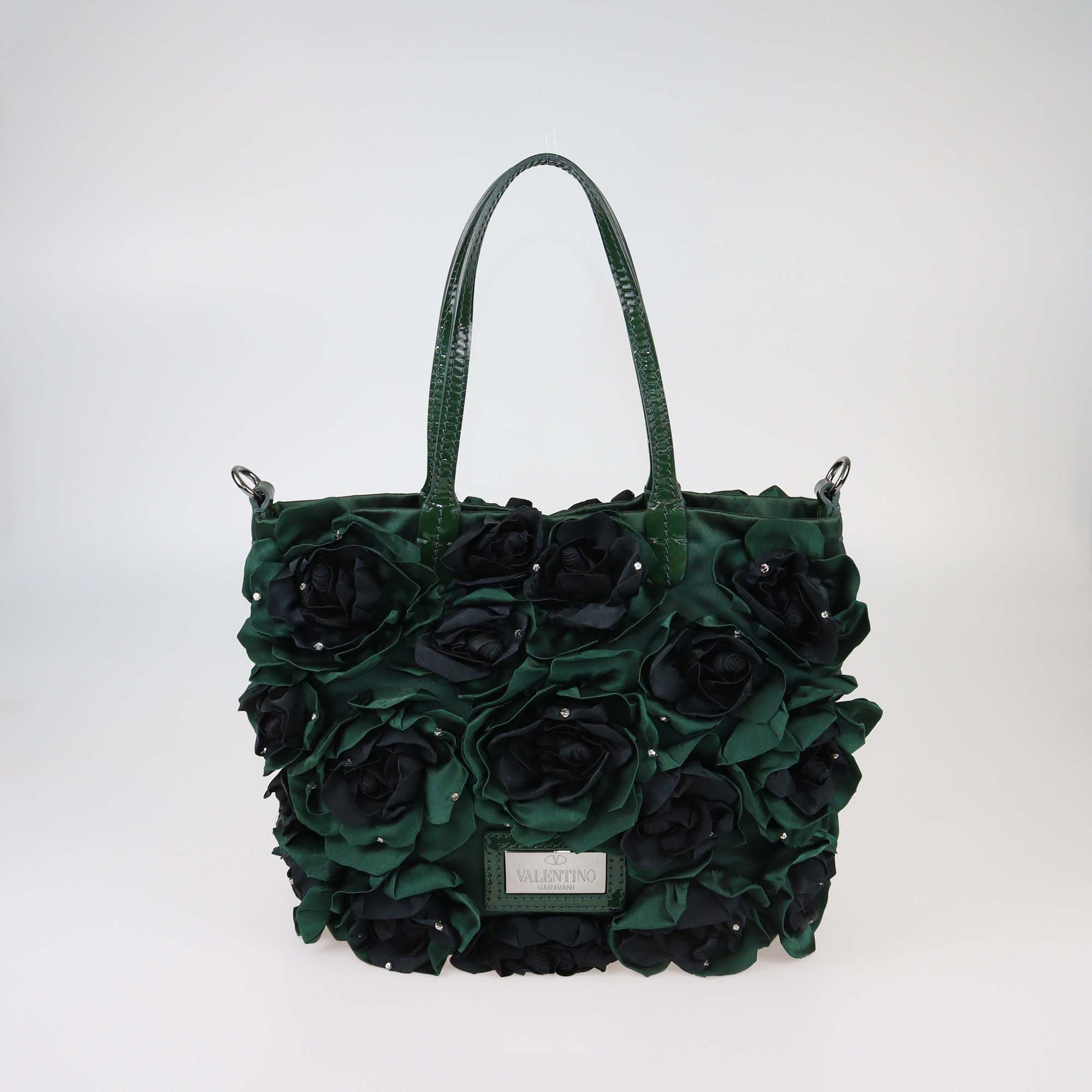 Valentino Green/Black Silk and Patent Leather Organza Rosier Tote
