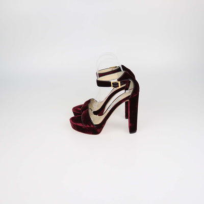 Jimmy Choo Burgundy Velvet and Leather Ankle Strap Platform Sandals
