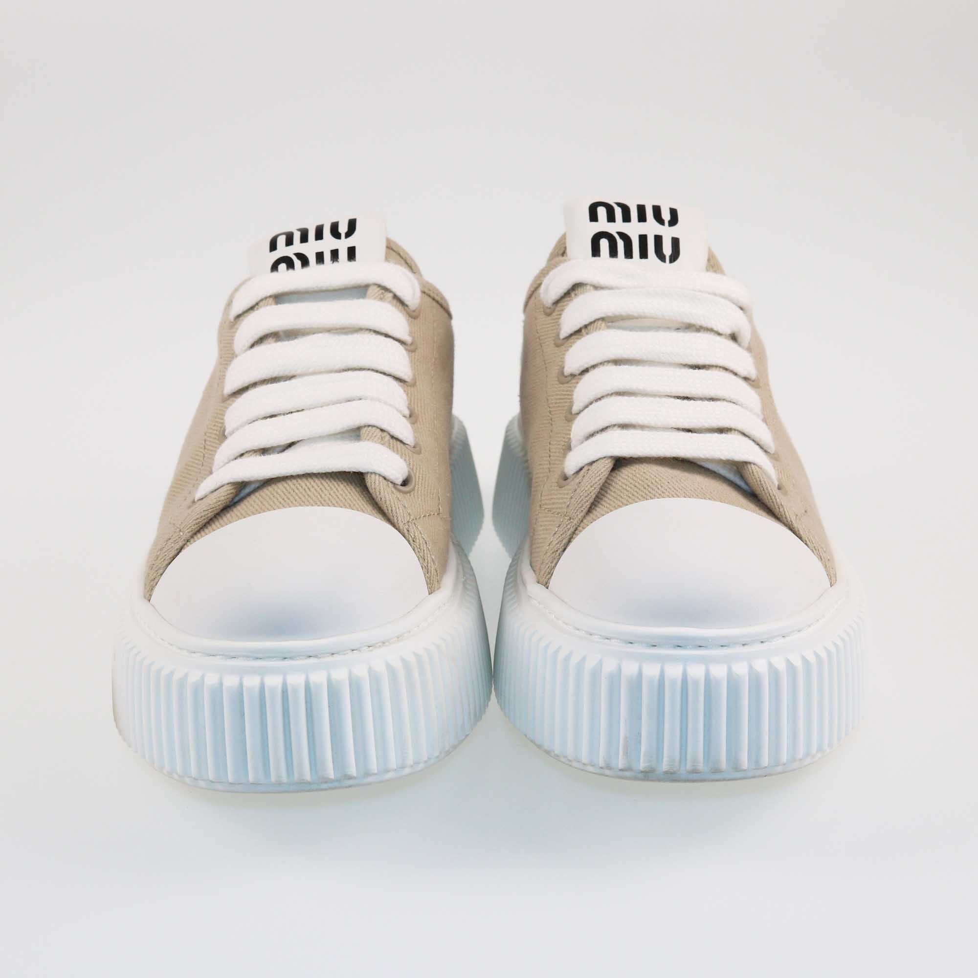 Miu Miu Beige/White Low Top Lace Up Sneakers Shoes Miu Miu 