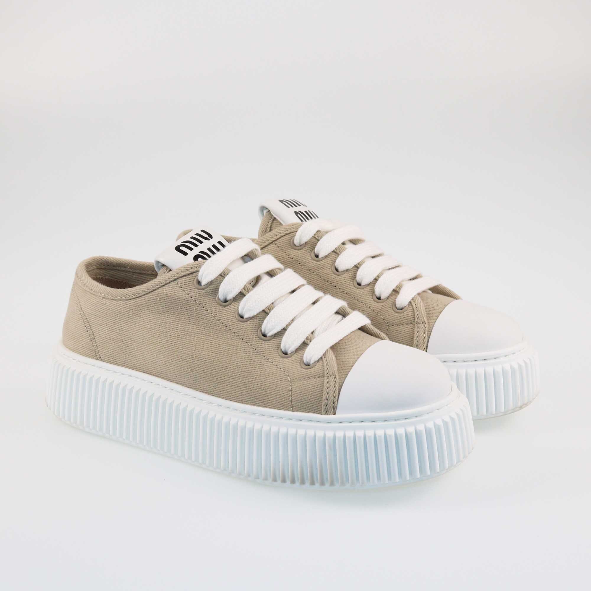 Miu Miu Beige/White Low Top Lace Up Sneakers Shoes Miu Miu 