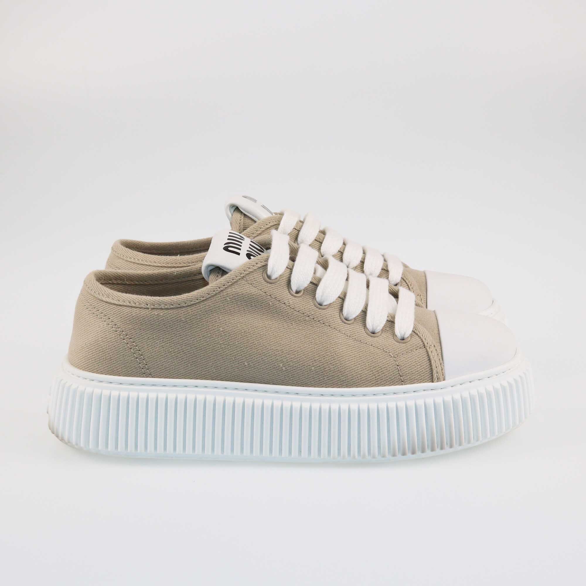 Miu Miu Beige/White Low Top Lace Up Sneakers Shoes Miu Miu 