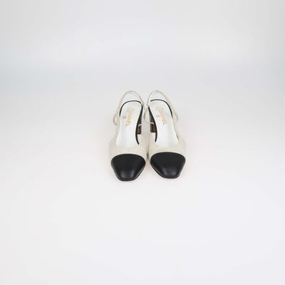 Chanel White,Black Tweed and Leather Cap Toe Slingback Pumps