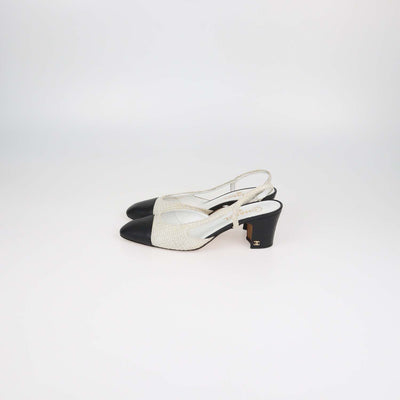Chanel White,Black Tweed and Leather Cap Toe Slingback Pumps