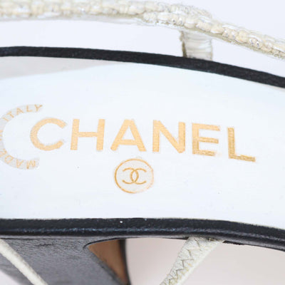 Chanel White,Black Tweed and Leather Cap Toe Slingback Pumps
