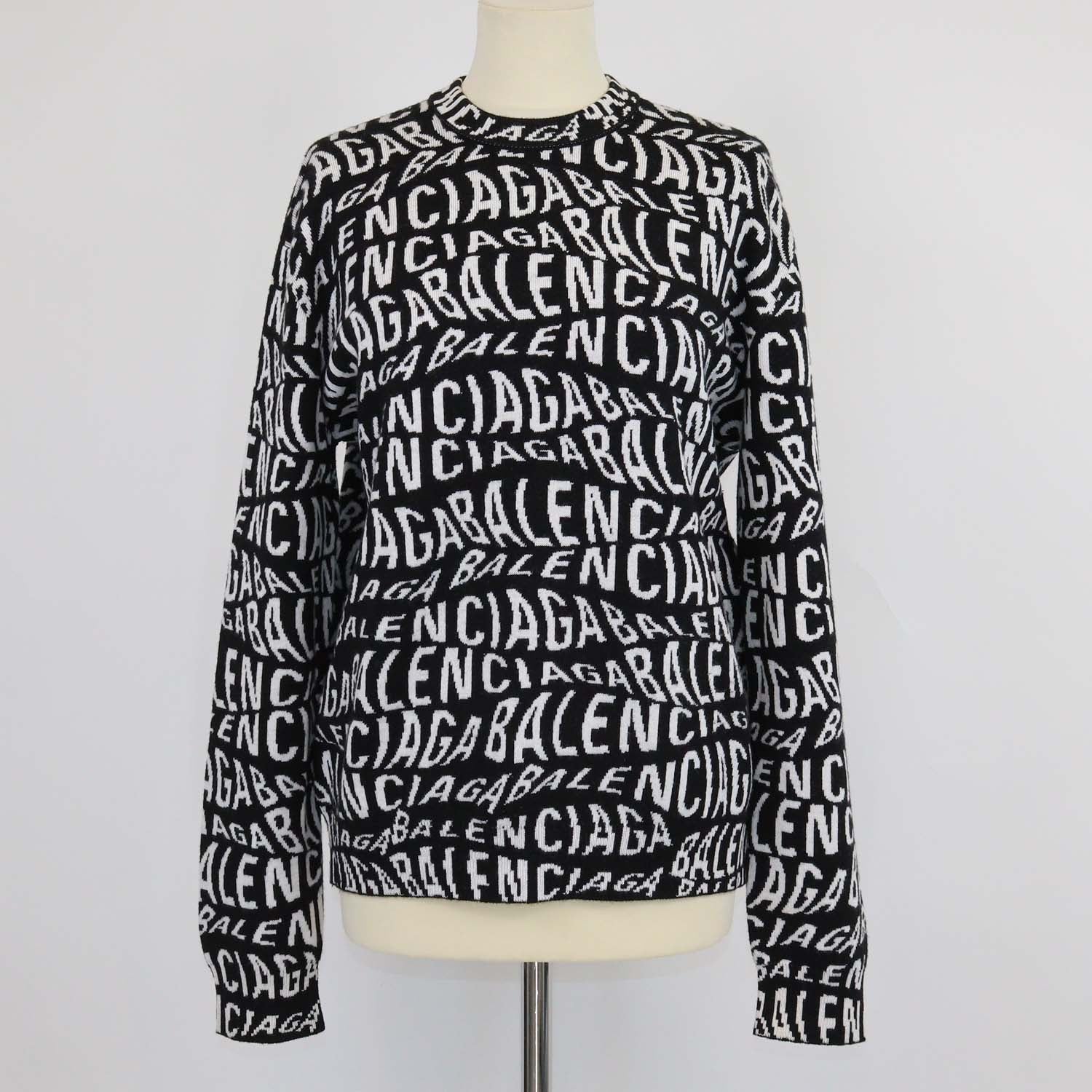 Balenciaga Black, White Blended Wool Logo All Over Knitted Sweater