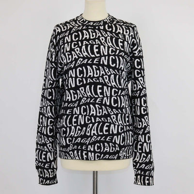 Balenciaga Black, White Blended Wool Logo All Over Knitted Sweater