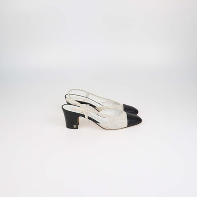 Chanel White,Black Tweed and Leather Cap Toe Slingback Pumps