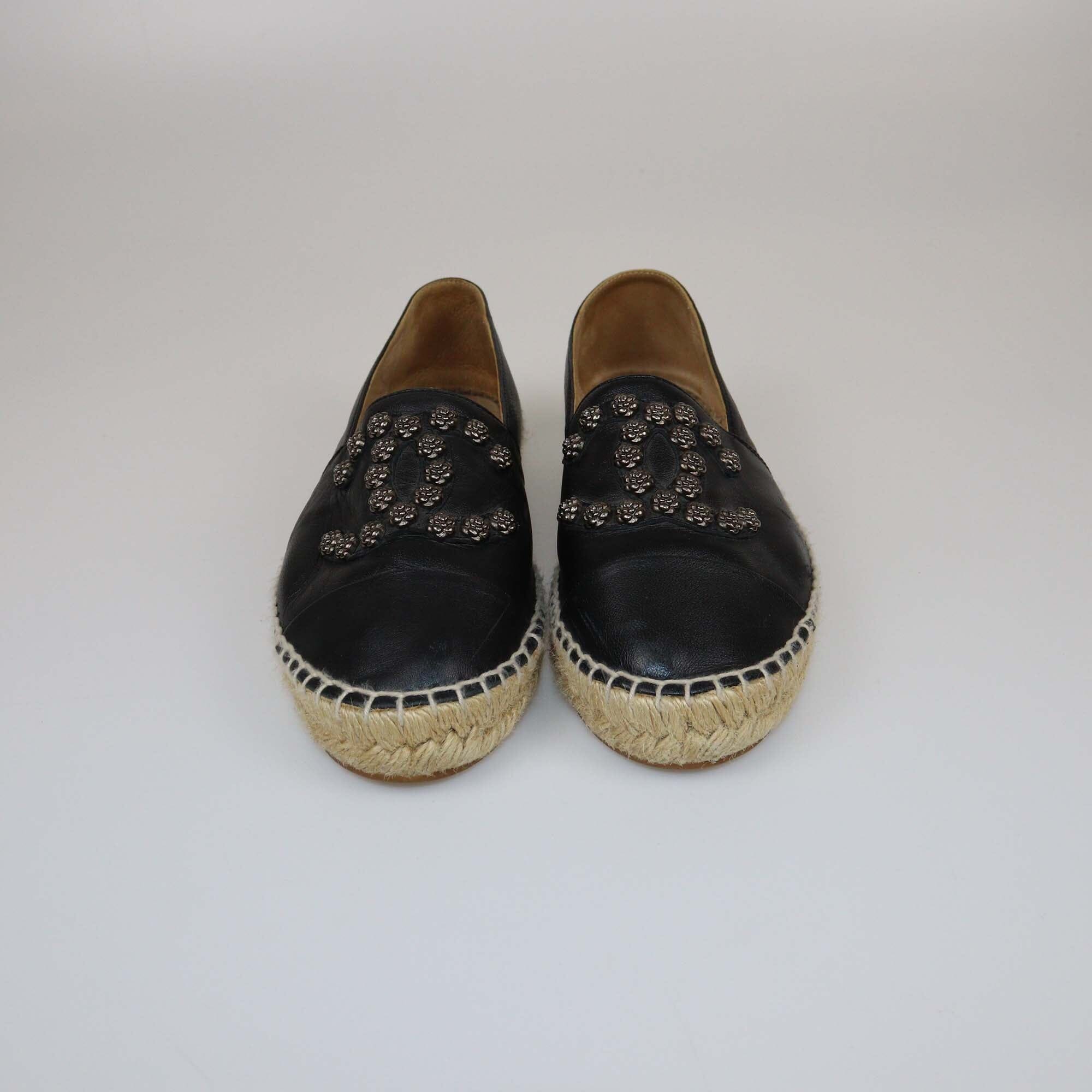 Chanel Black CC Camelia Stud Cap Toe Espadrilles Flat Womens Chanel 