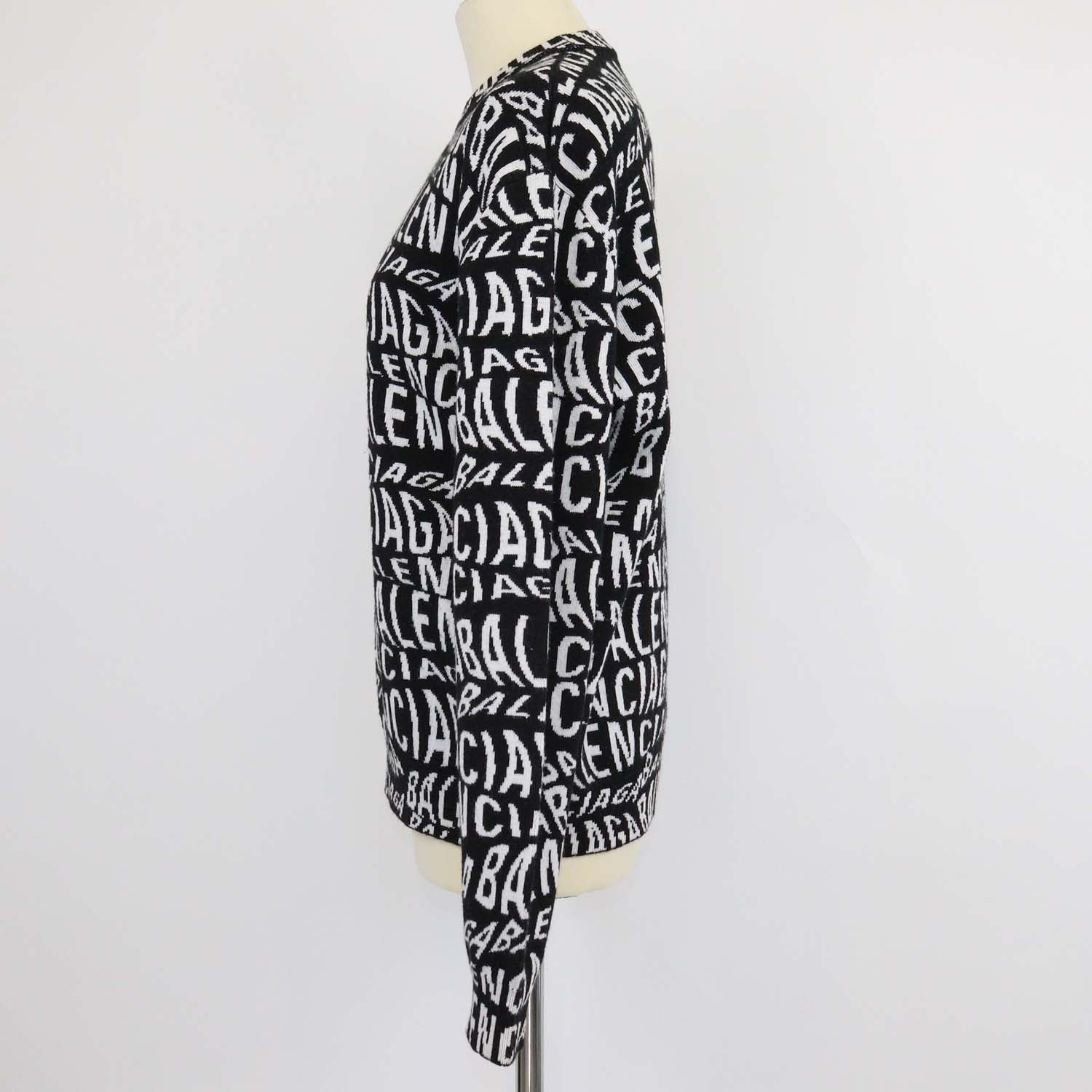 Balenciaga Black, White Blended Wool Logo All Over Knitted Sweater