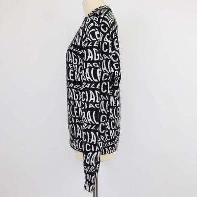 Balenciaga Black, White Blended Wool Logo All Over Knitted Sweater