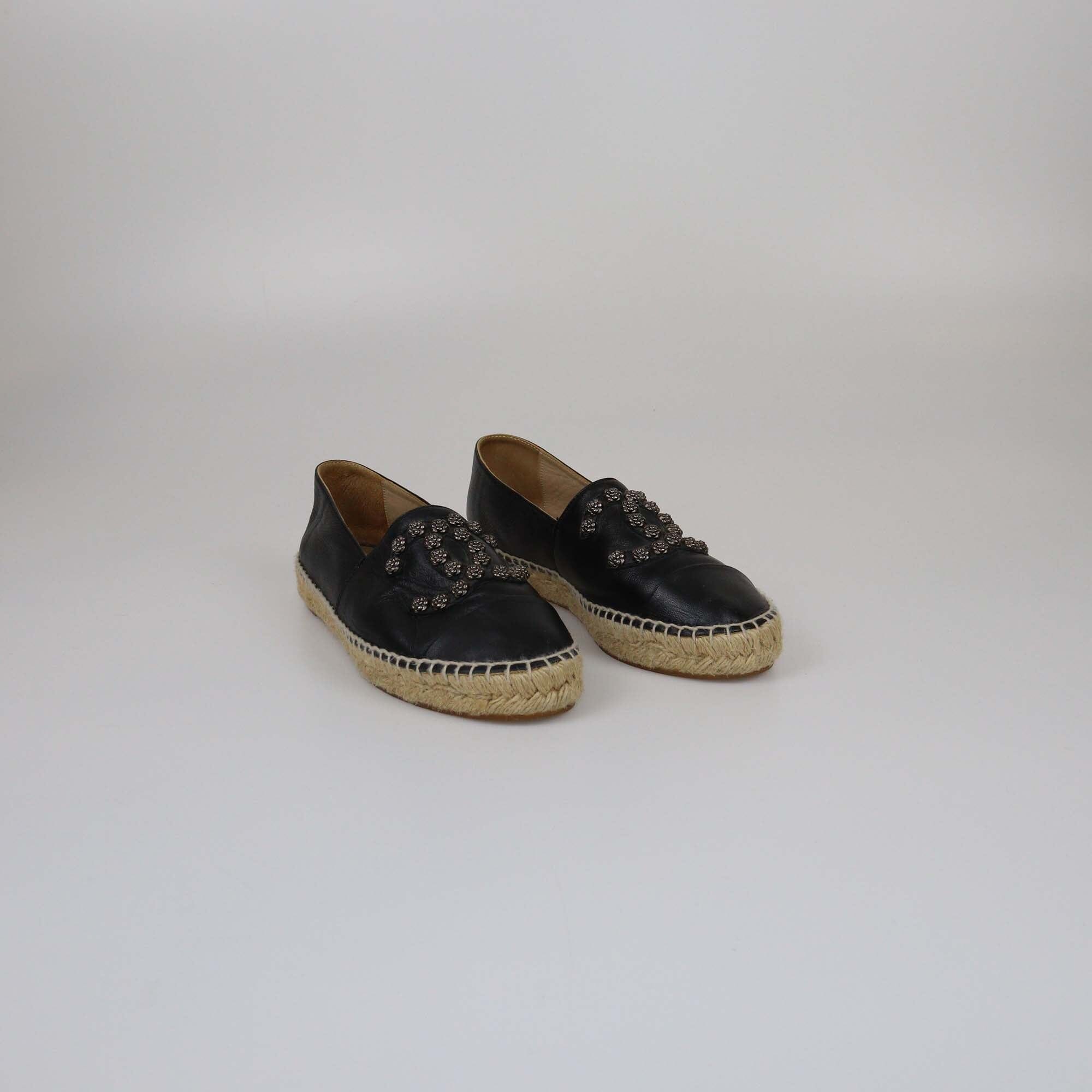 Chanel Black CC Camelia Stud Cap Toe Espadrilles Flat Womens Chanel 