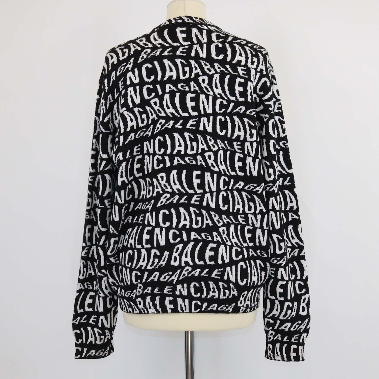 Balenciaga Black, White Blended Wool Logo All Over Knitted Sweater