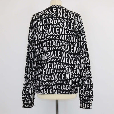 Balenciaga Black, White Blended Wool Logo All Over Knitted Sweater