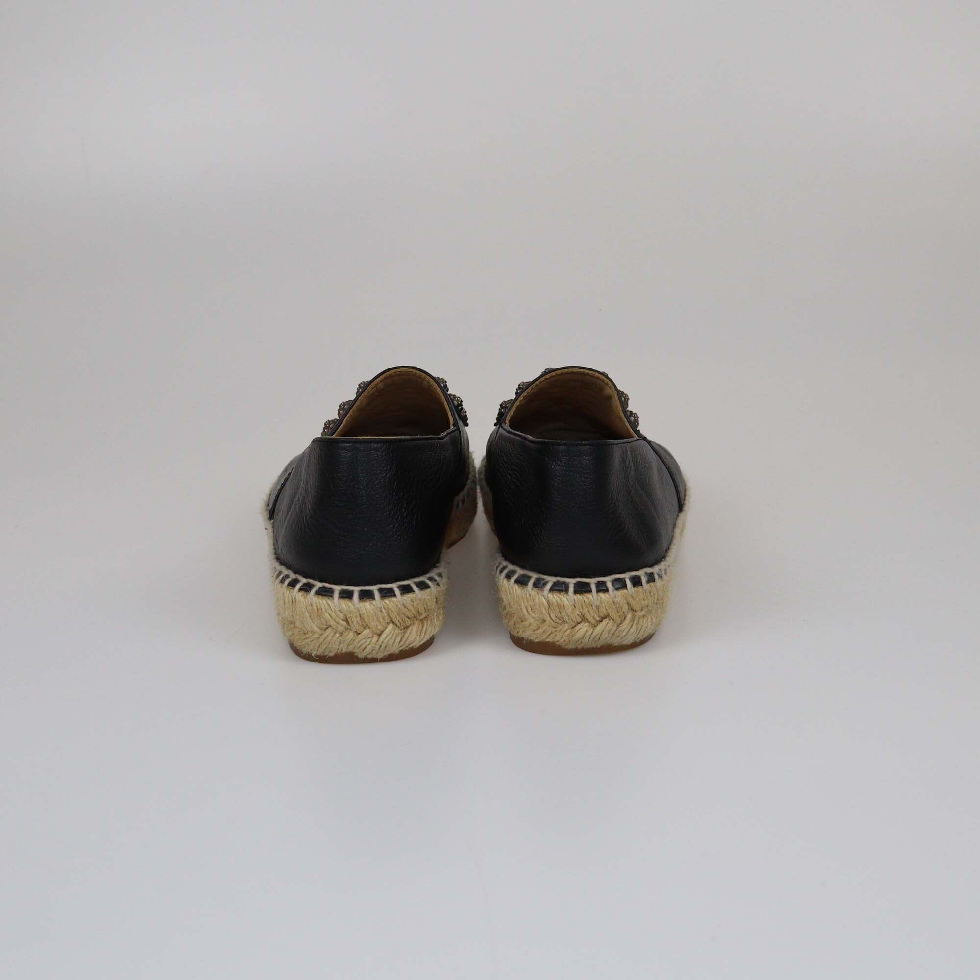 Chanel Black CC Camelia Stud Cap Toe Espadrilles Flat Womens Chanel 