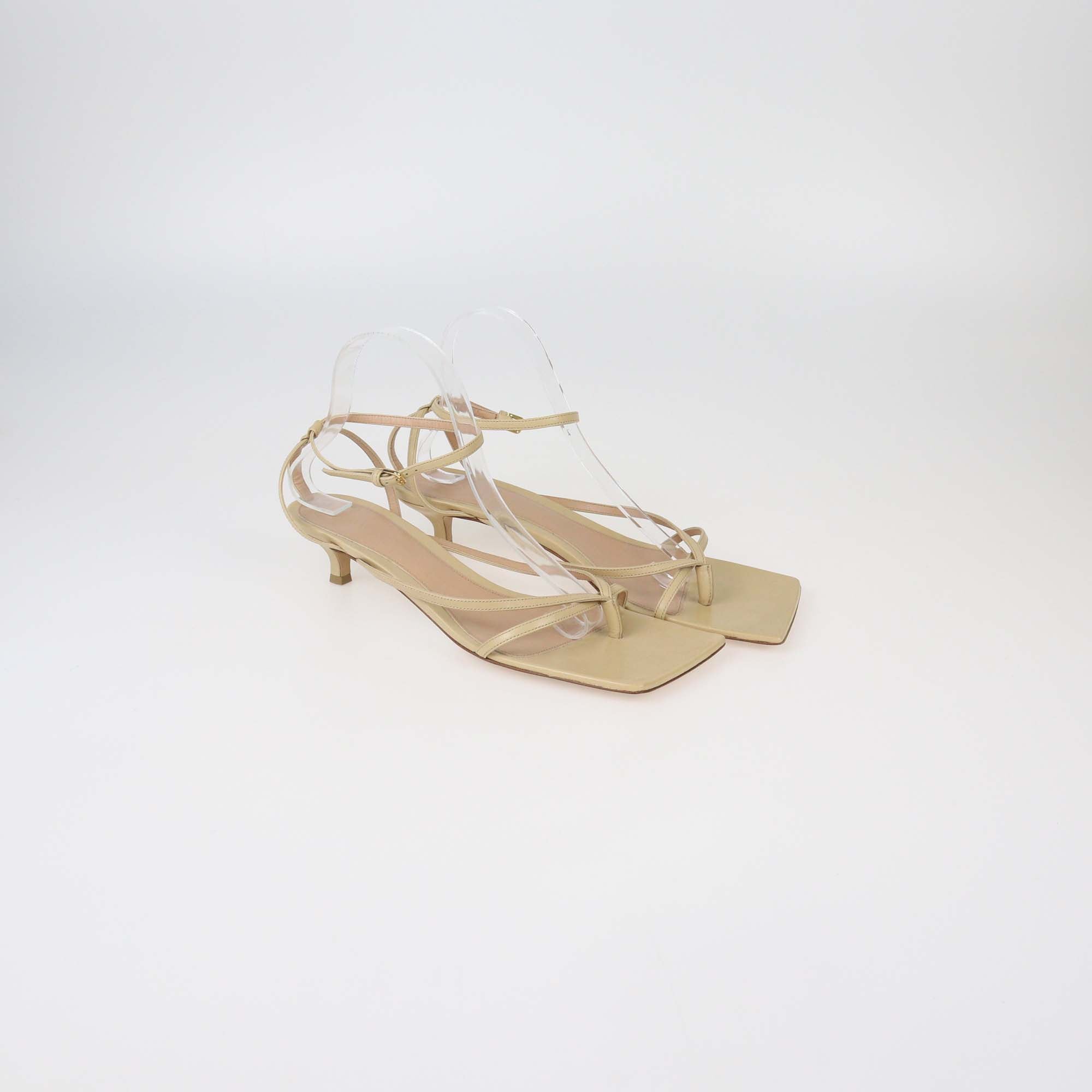 Bottega Veneta Beige Leather Stretch Ankle Strap Mid Heel Sandals