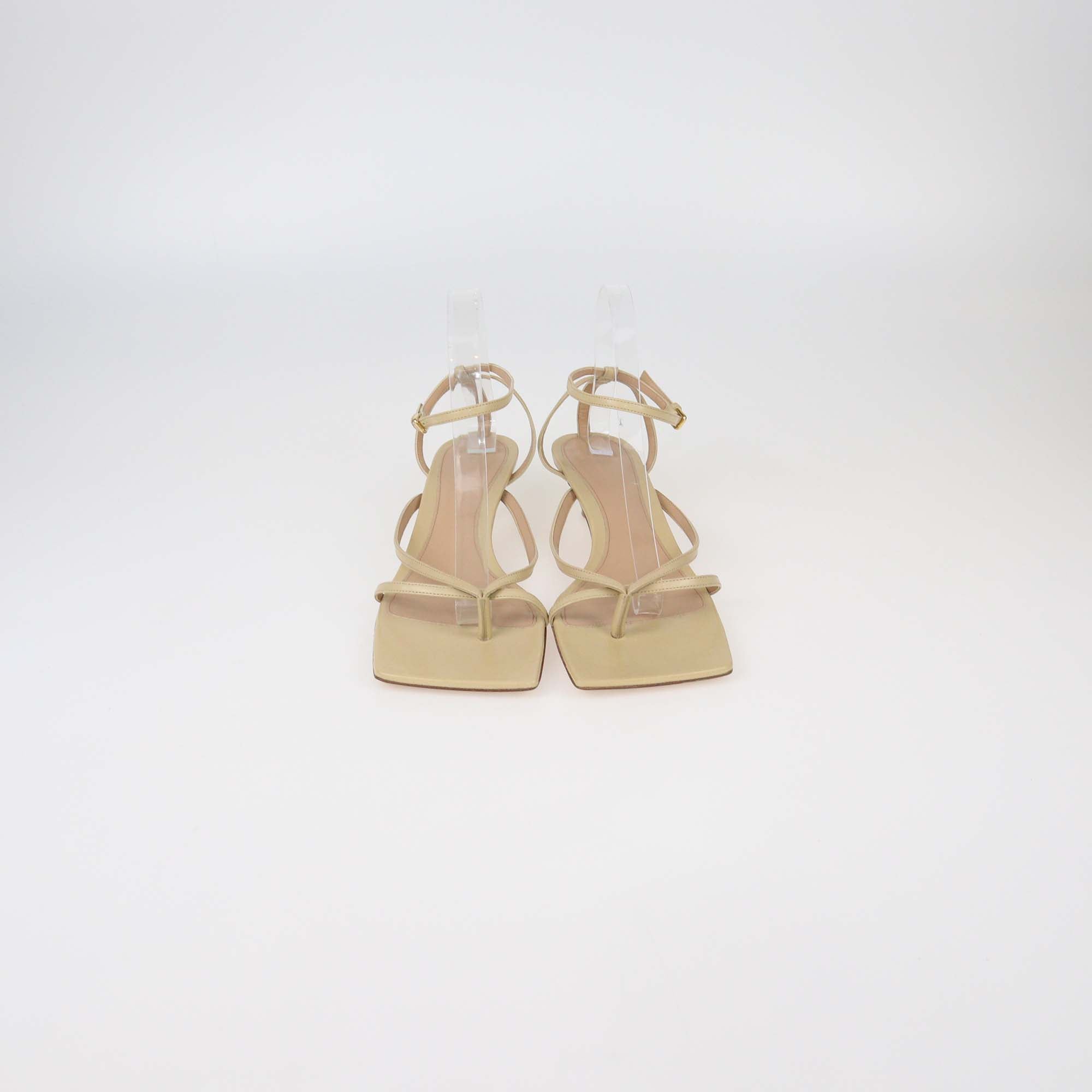 Bottega Veneta Beige Leather Stretch Ankle Strap Mid Heel Sandals