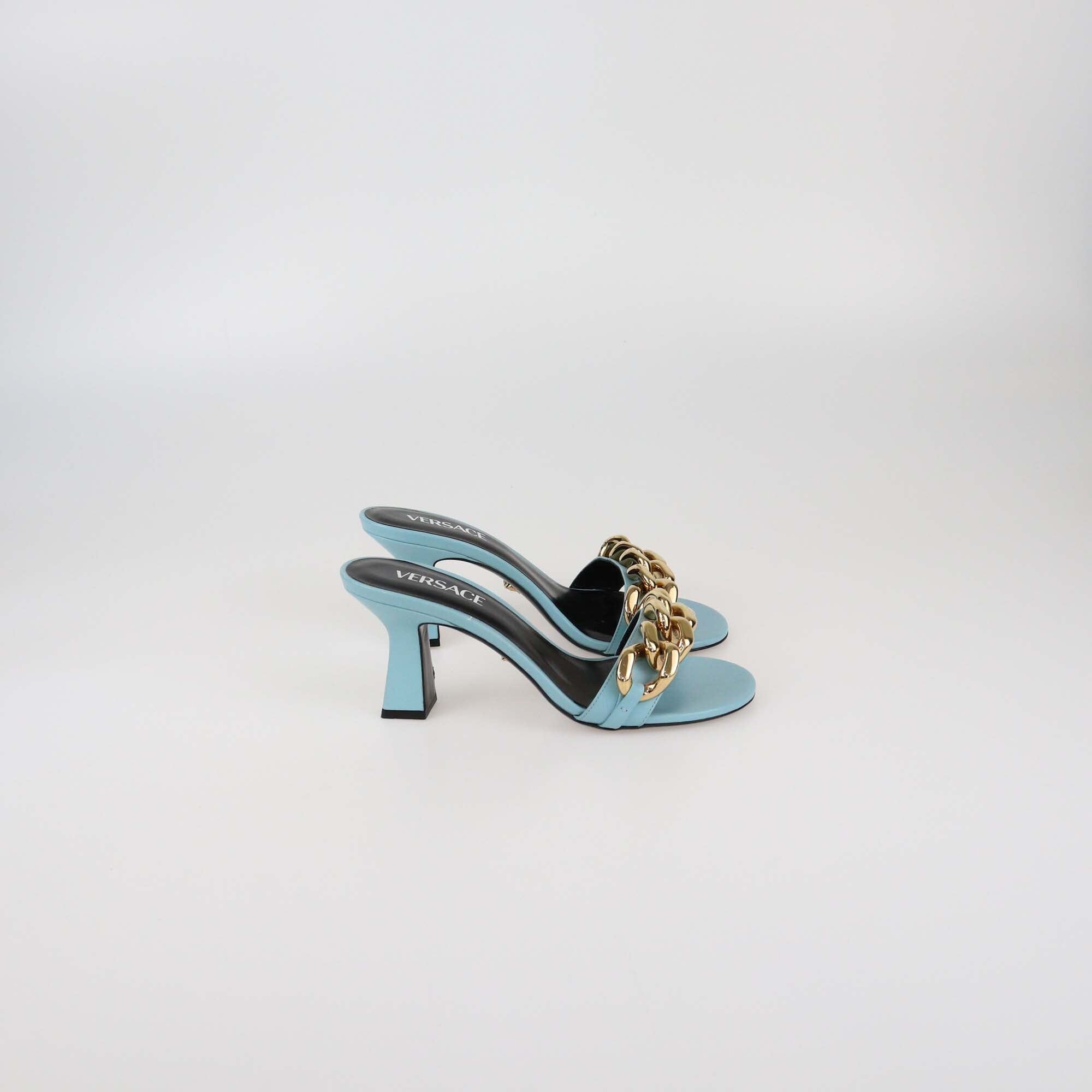 Versace Light Blue Medusa Chain Heels Sandals Womens Versace 
