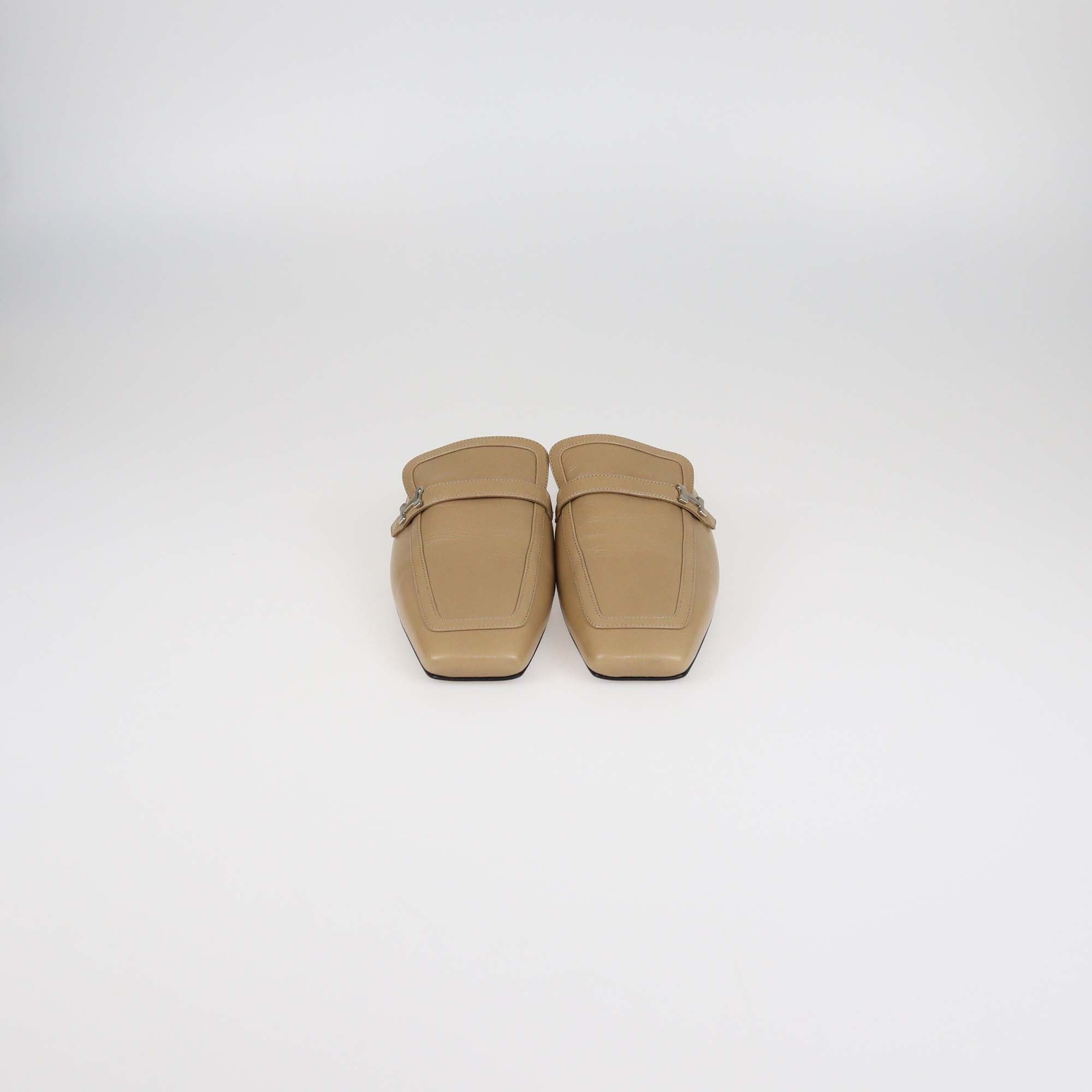 Hermes Beige Argile Leather Groupie Flat Mules