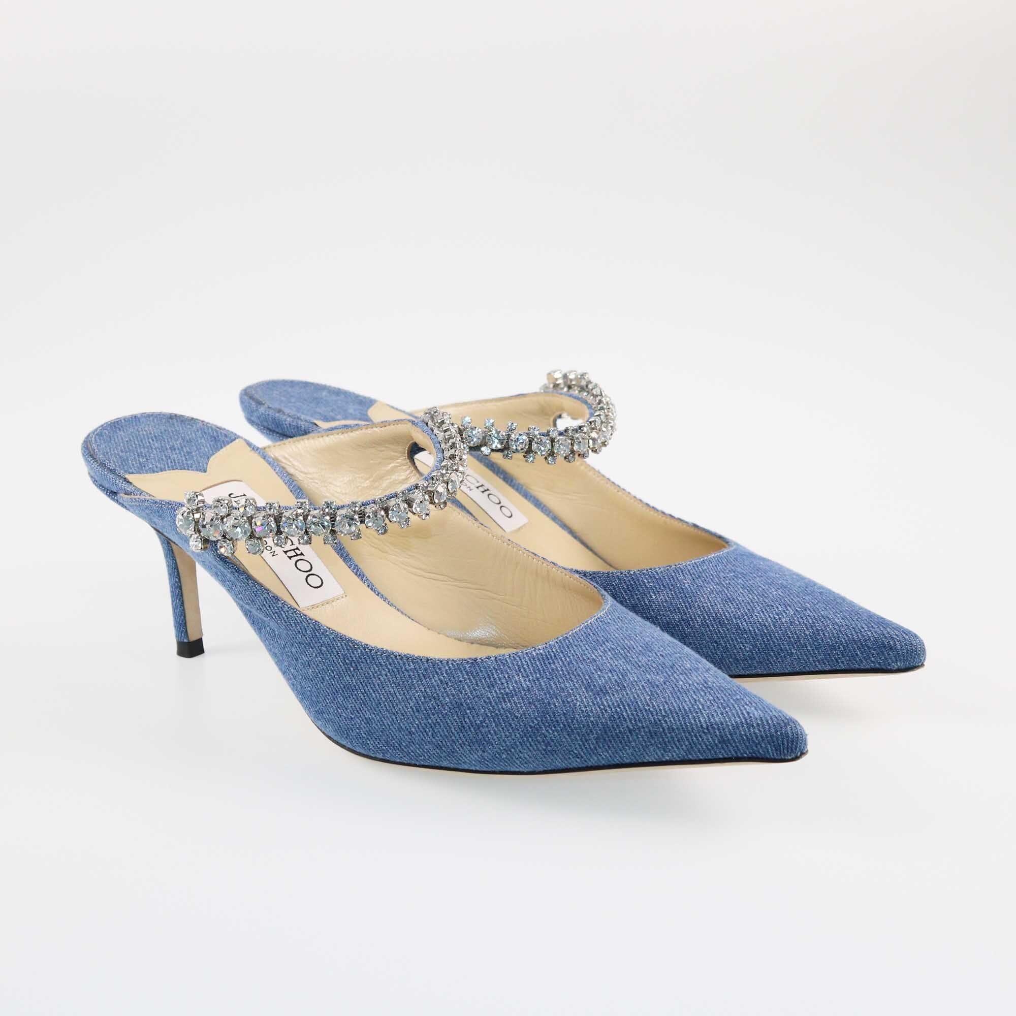 Jimmy Choo Blue Denim Crystal Strap Bing Mules Shoes Jimmy Choo 