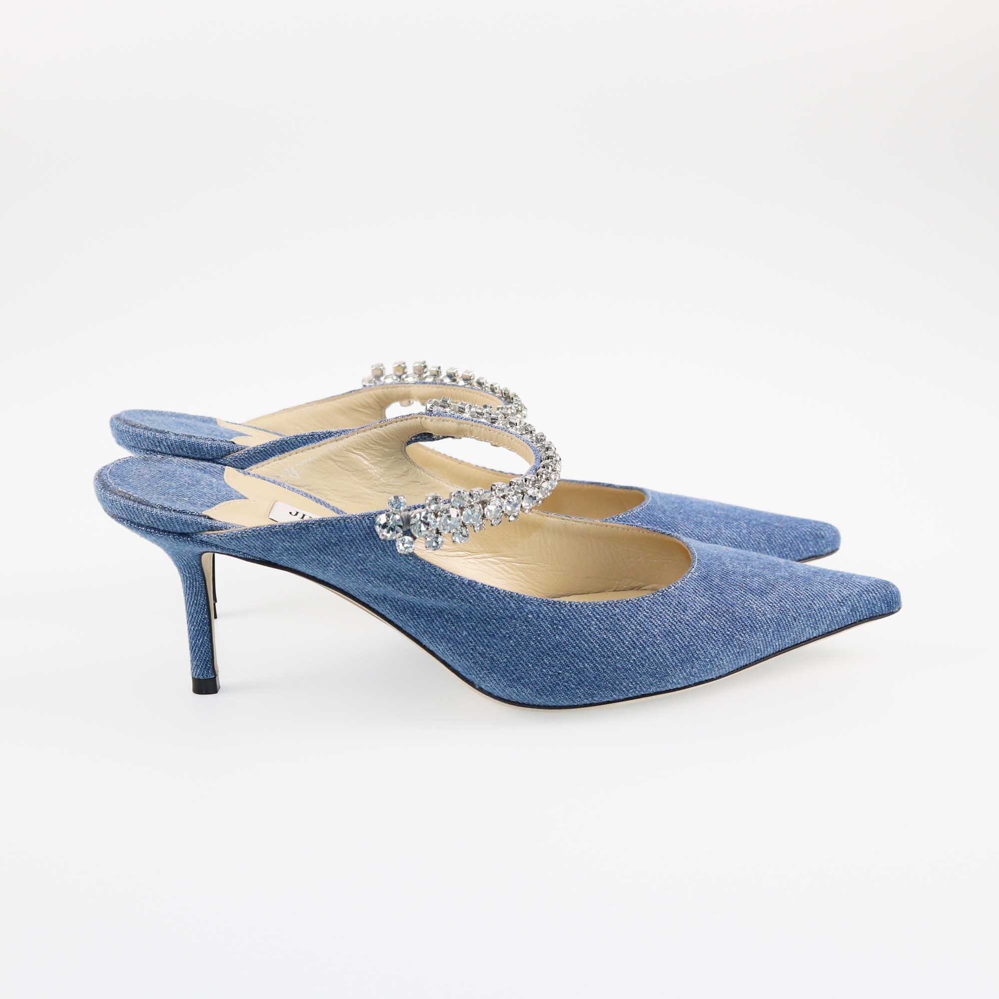 Jimmy Choo Blue Denim Crystal Strap Bing Mules Shoes Jimmy Choo 