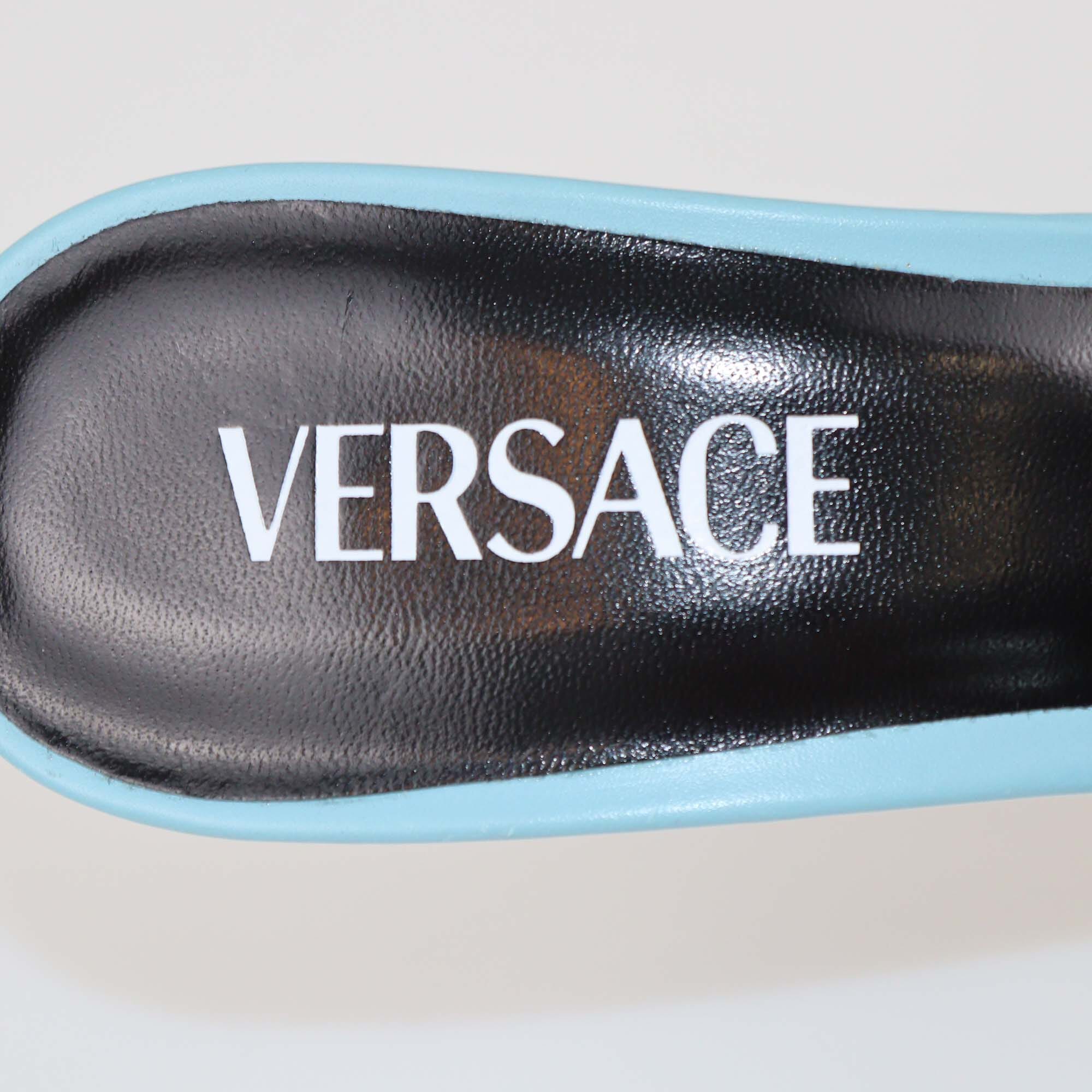 Versace Light Blue Medusa Chain Heels Sandals Womens Versace 