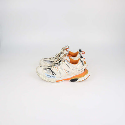 Balenciaga White,Orange Faux Leather and Mesh Track Low Top Sneakers