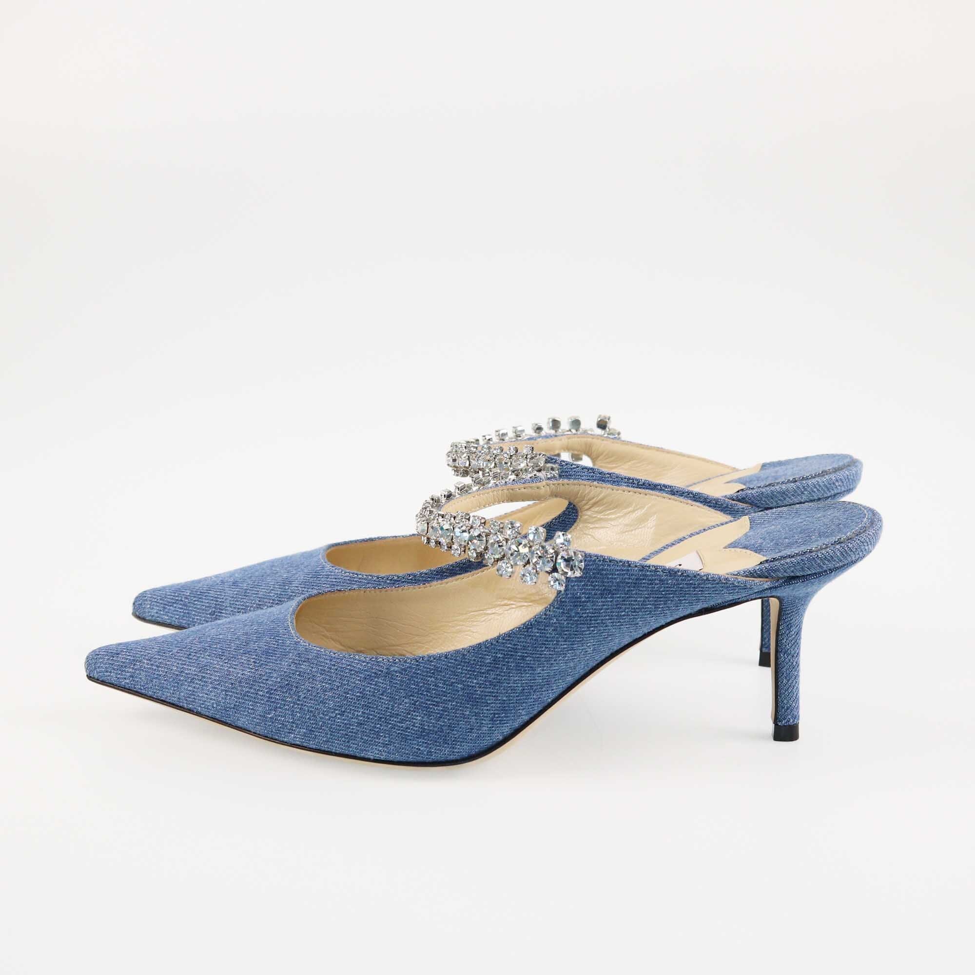 Jimmy Choo Blue Denim Crystal Strap Bing Mules Shoes Jimmy Choo 