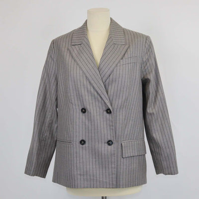 12 Storeez Grey Wool Striped Double Breasted Blazer